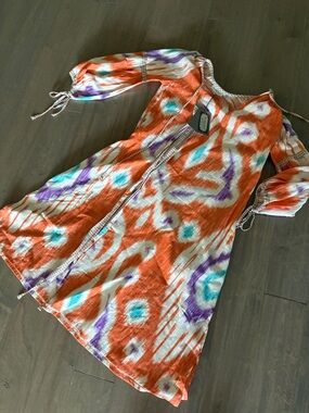 D'Ascoli Ikat-Print Midi Dress in Orange, Teal & Purple nwt
